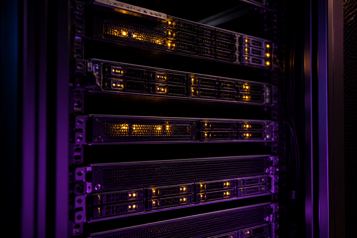 Server rack hardware with amber and purple accent lighting